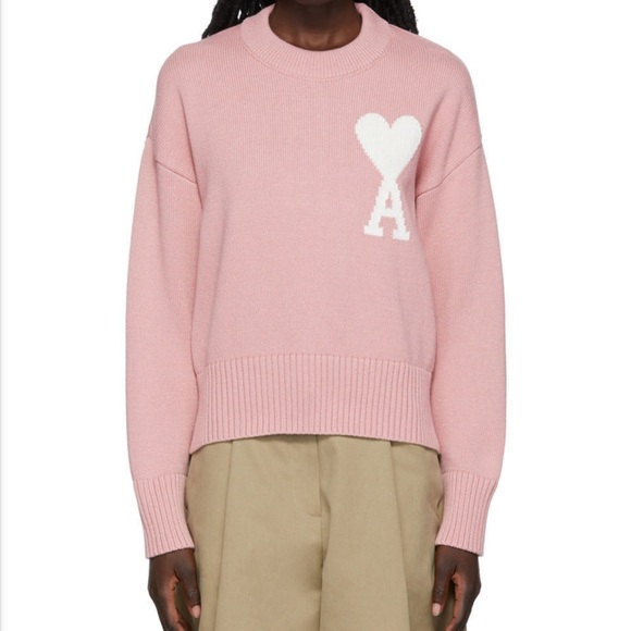 Ami Paris Pink Sweater with White Heart Logo - Picture 1 of 2